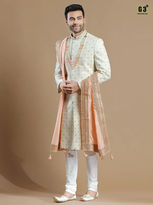 Raw silk fabric cream rich sherwani for groom