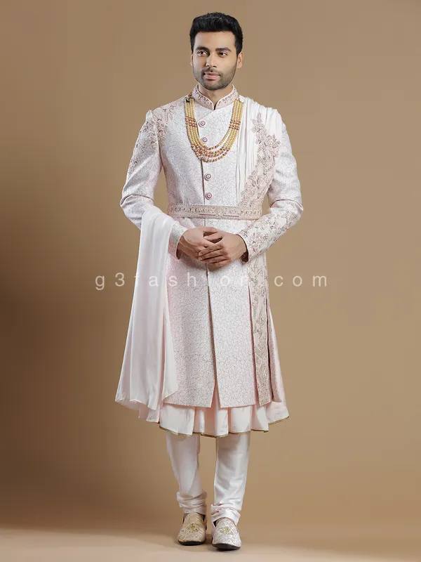 Raw silk fabric light pink hue sherwani for groom