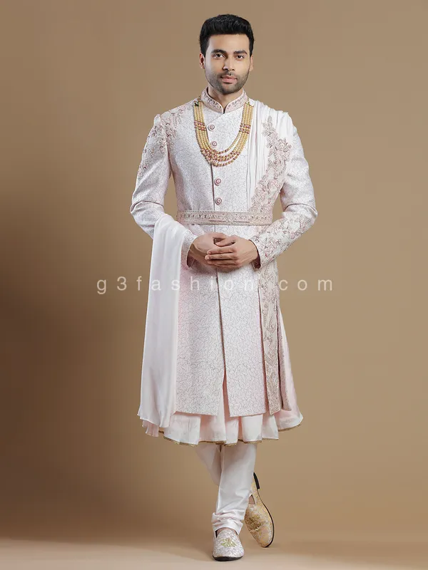 Raw silk fabric light pink hue sherwani for groom