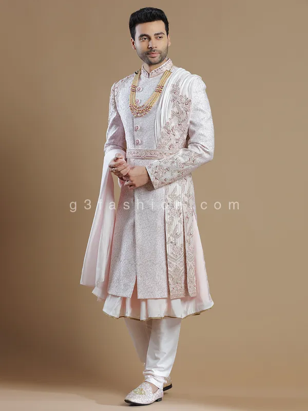 Raw silk fabric light pink hue sherwani for groom
