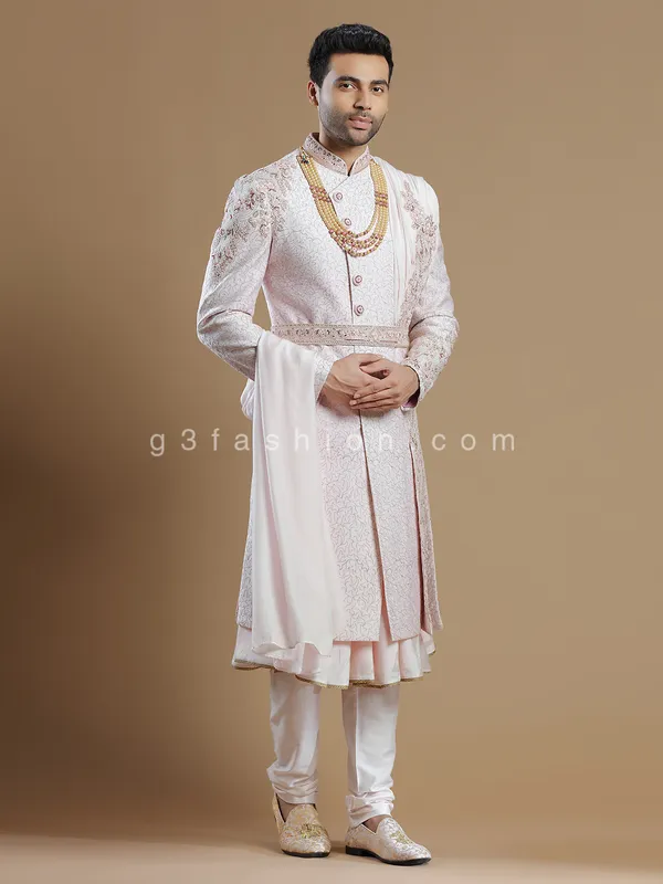 Raw silk fabric light pink hue sherwani for groom
