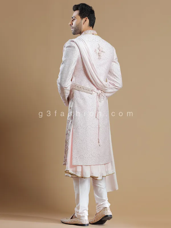 Raw silk fabric light pink hue sherwani for groom