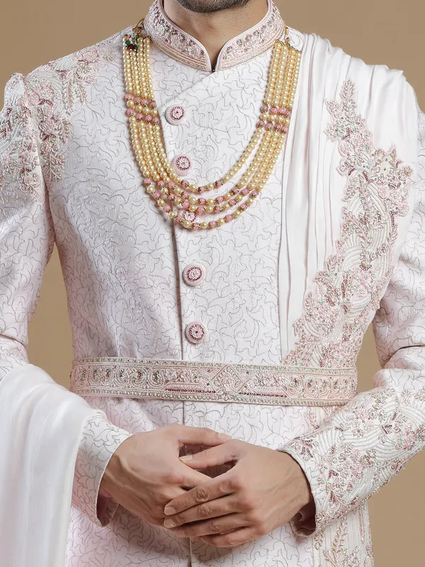 Raw silk fabric light pink hue sherwani for groom