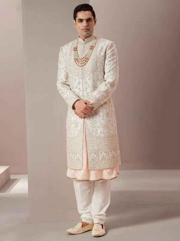 Raw silk groom and wedding look sherwani in cream