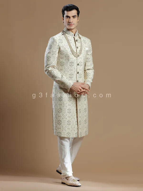 Raw silk groom and wedding sherwani in cream