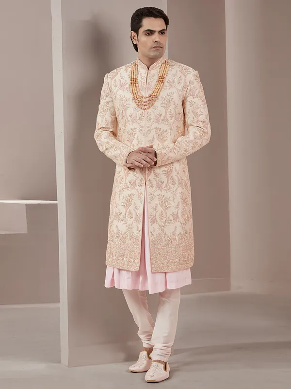 Raw silk groom and wedding sherwani in peach