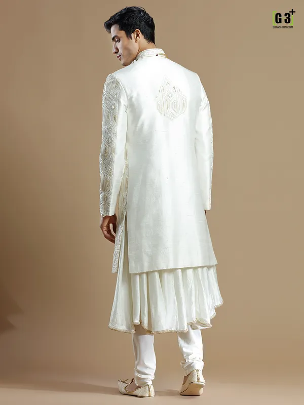 Raw silk groom sherwani in cream color