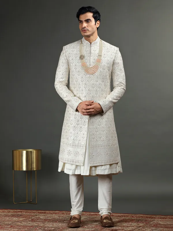 Raw silk groom sherwani in off white