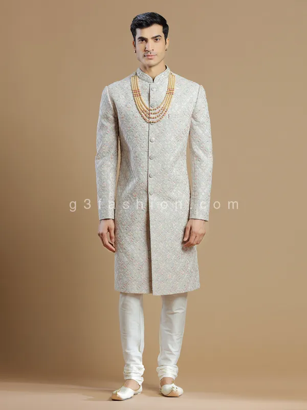 Raw silk light grey groom and wedding sherwani