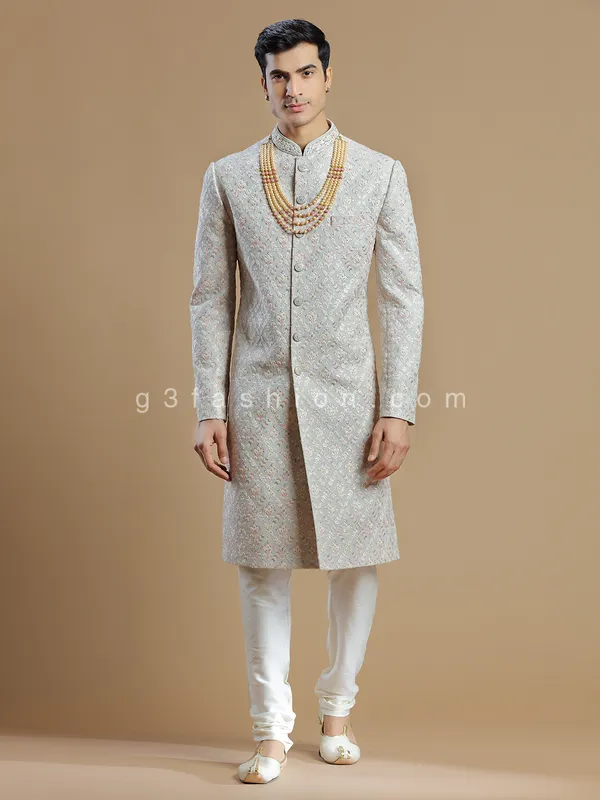 Raw silk light grey groom and wedding sherwani