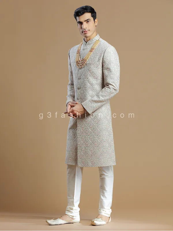 Raw silk light grey groom and wedding sherwani