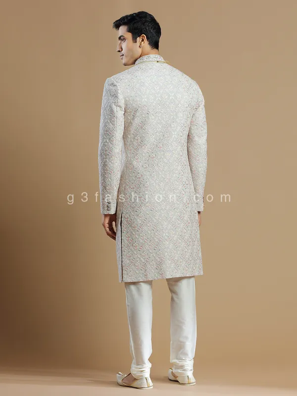 Raw silk light grey groom and wedding sherwani