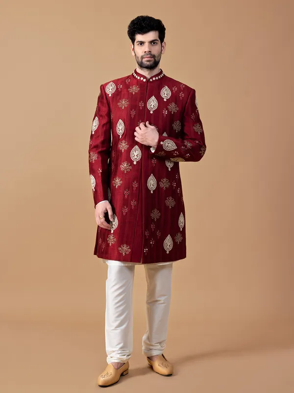 Raw silk maroon indowestern