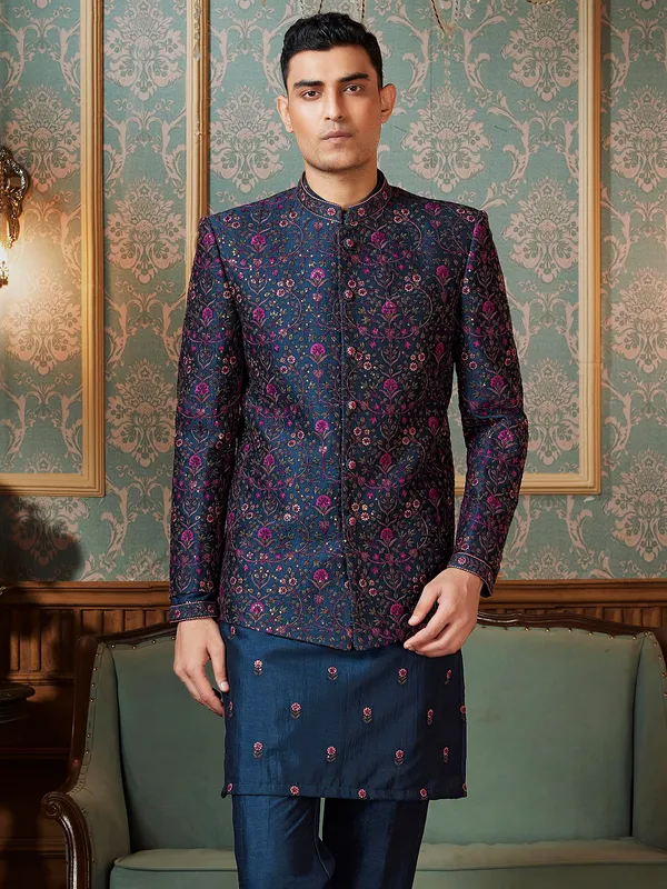 Raw silk mint blue Semi-Indowestern with colorful thread embellishment