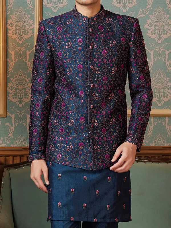 Raw silk mint blue Semi-Indowestern with colorful thread embellishment