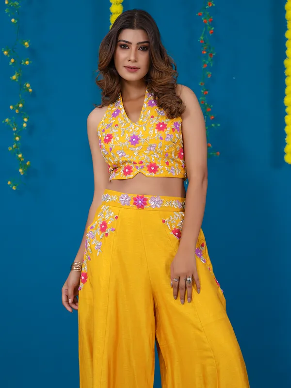 Raw silk mustard yellow palazzo set