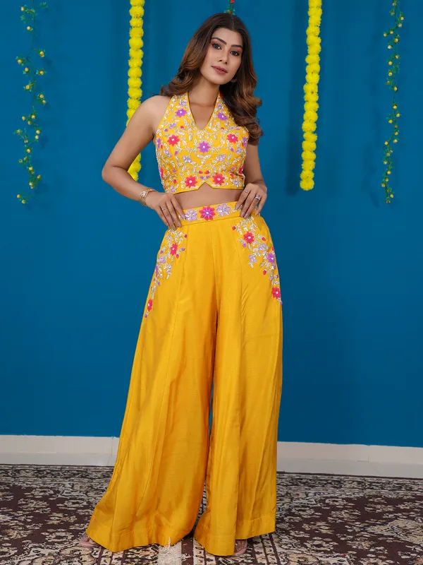 Raw silk mustard yellow palazzo set
