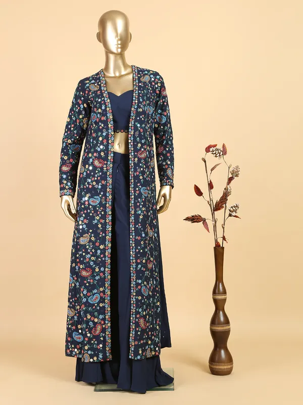 Raw silk navy palazzo suit with long shrug