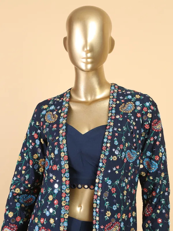 Raw silk navy palazzo suit with long shrug