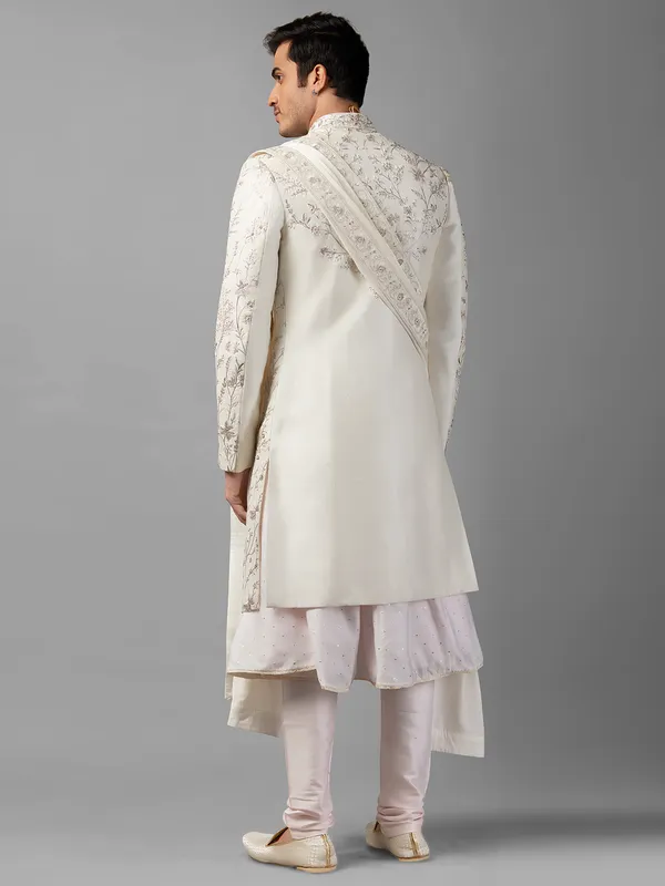 Raw silk off-white embroidery sherwani