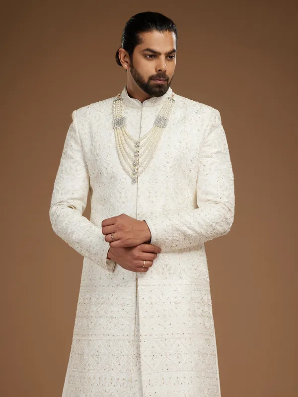 Raw silk off white sherwani for groom