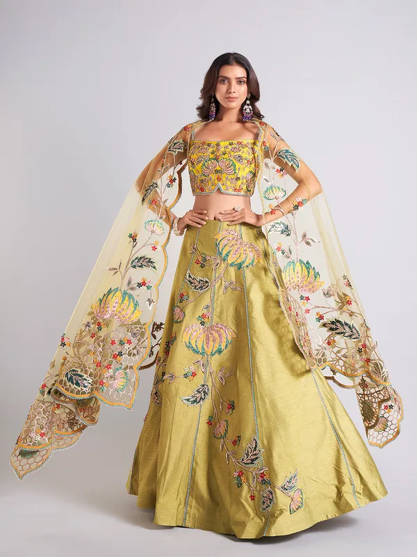 Raw silk olive lehenga choli for wedding