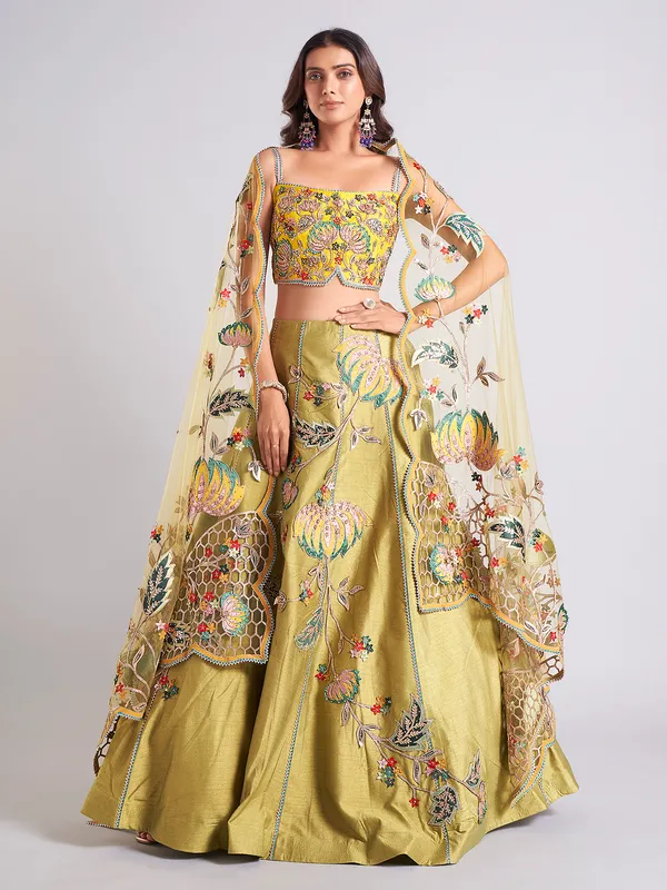 Raw silk olive lehenga choli for wedding