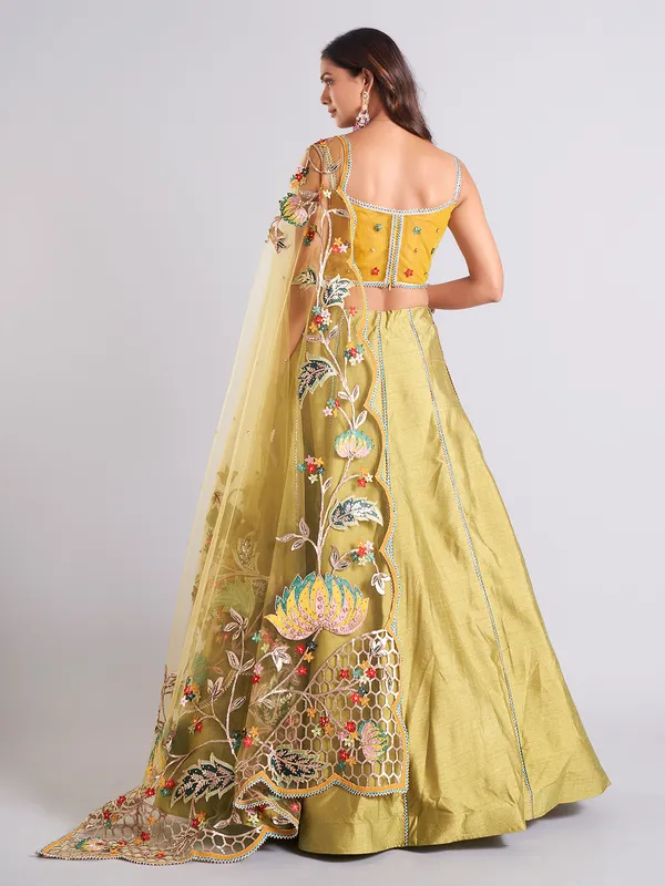 Raw silk olive lehenga choli for wedding