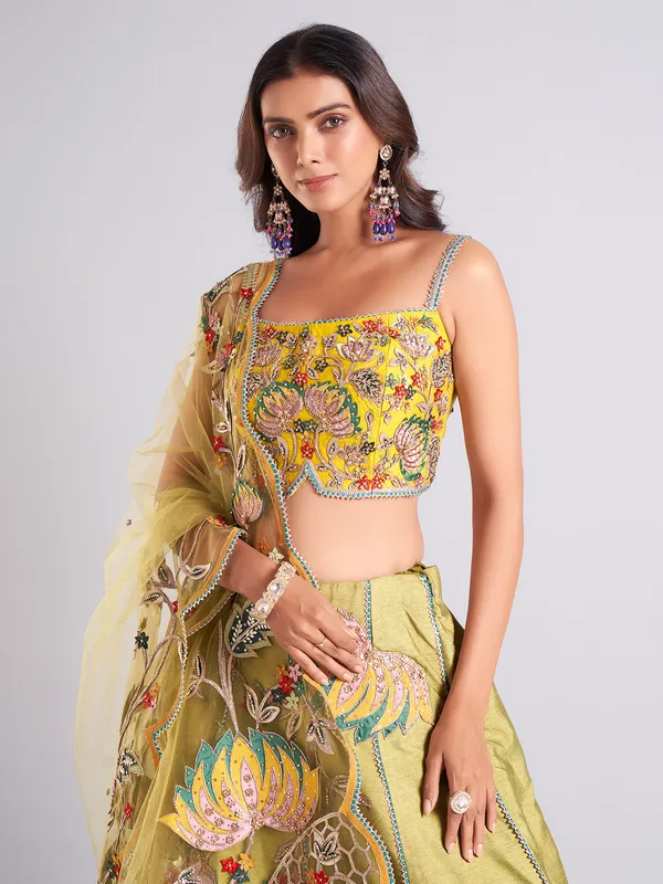 Raw silk olive lehenga choli for wedding