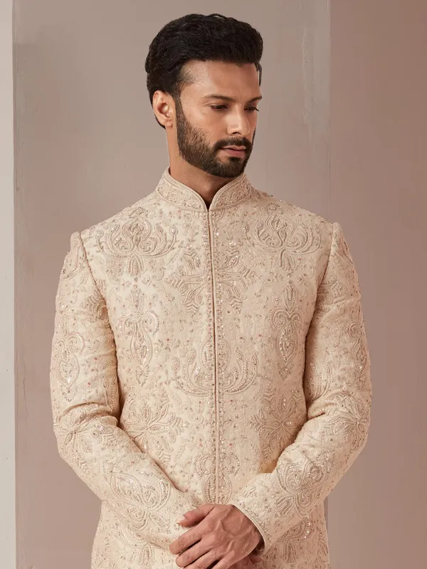 Raw silk peach color groom and wedding sherwani