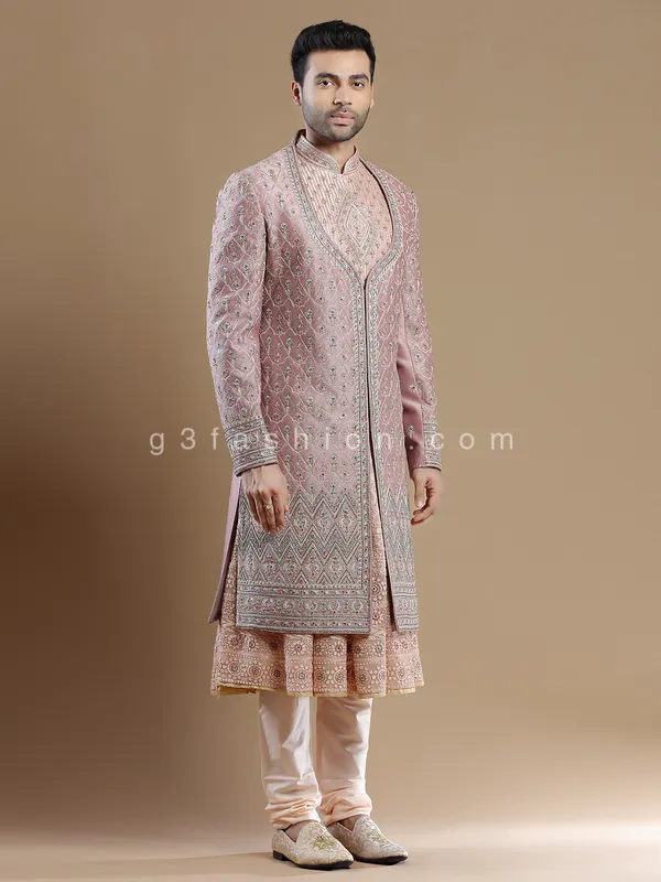 Raw silk pink color groom and wedding sherwani