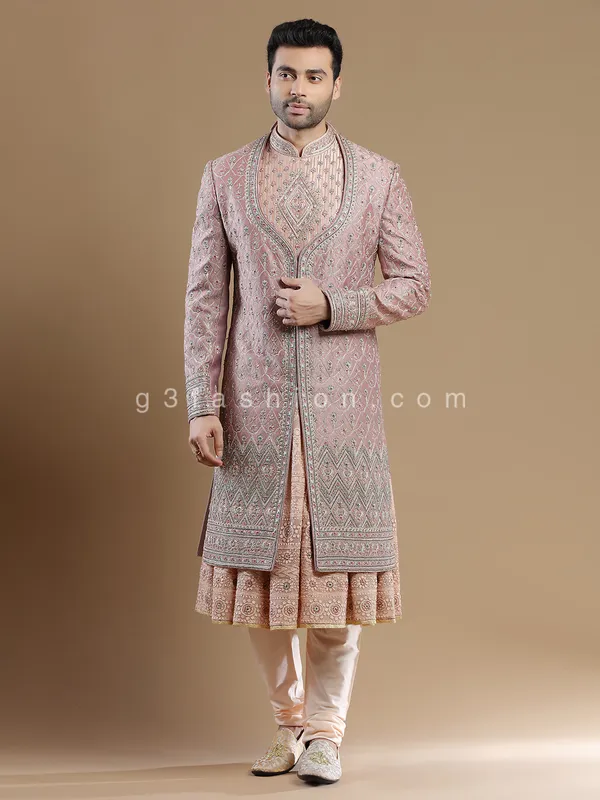 Raw silk pink color groom and wedding sherwani