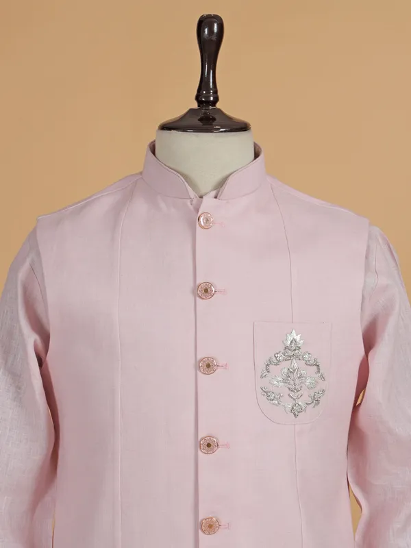 Raw silk pink waistcoat set for man