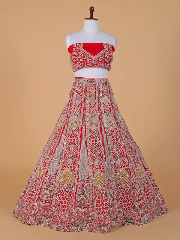 Raw silk red bridal style lehenga choli