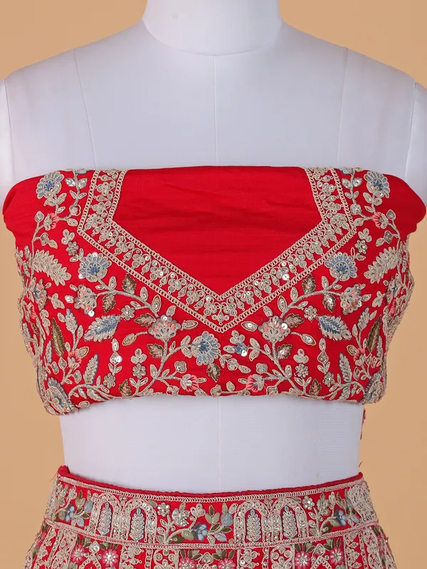 Raw silk red bridal style lehenga choli