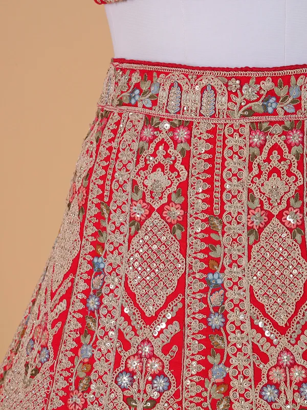 Raw silk red bridal style lehenga choli