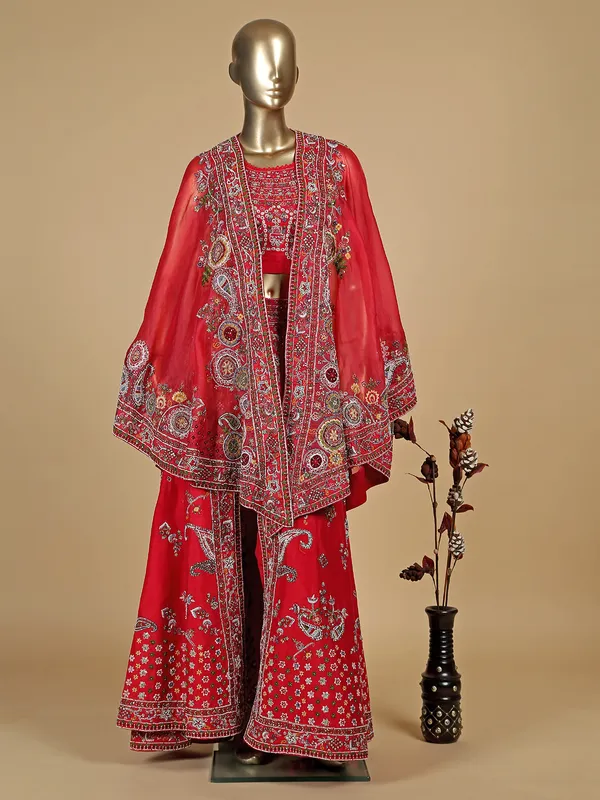 Raw silk red flare palazzo set with dupatta