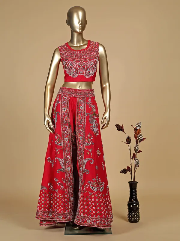 Raw silk red flare palazzo set with dupatta