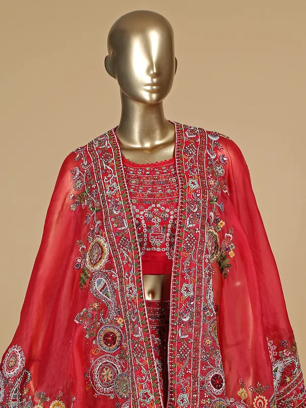 Raw silk red flare palazzo set with dupatta