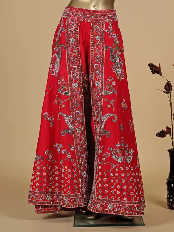 Raw silk red flare palazzo set with dupatta