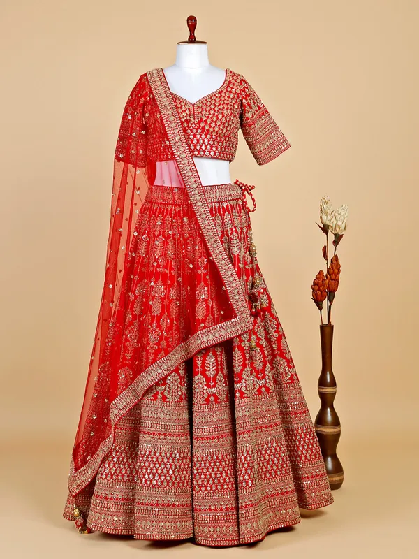 Raw silk red lehenga choli with dupatta
