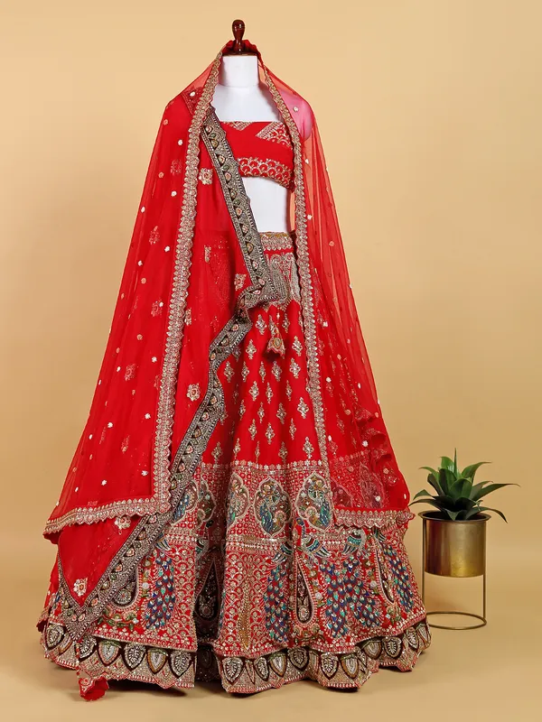 Raw silk rich unstitched lehenga choli in red