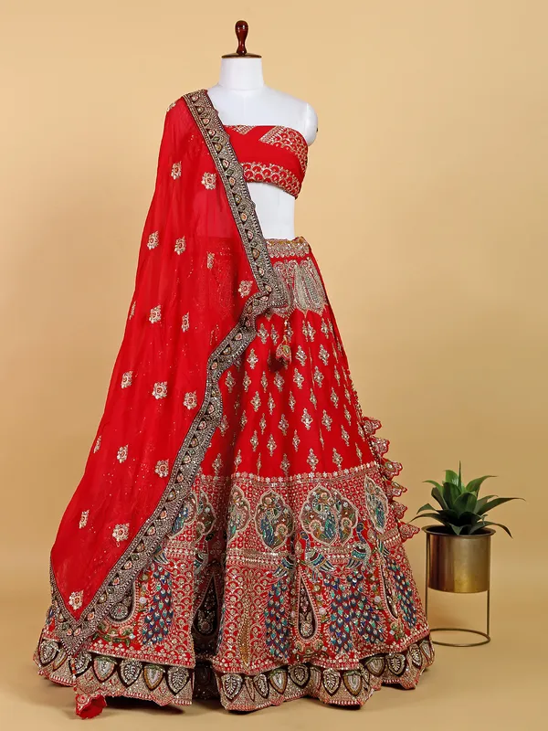 Raw silk rich unstitched lehenga choli in red