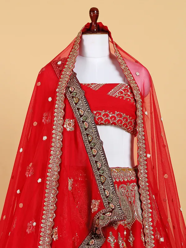 Raw silk rich unstitched lehenga choli in red