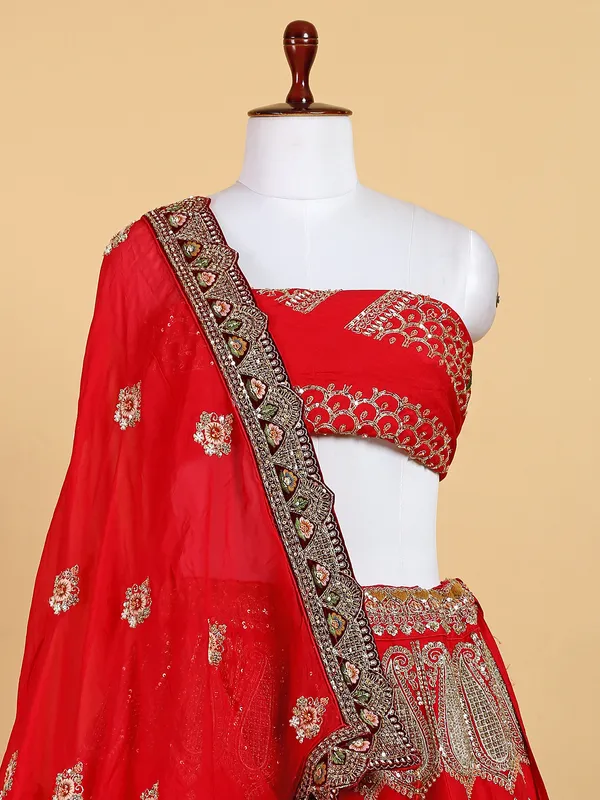 Raw silk rich unstitched lehenga choli in red