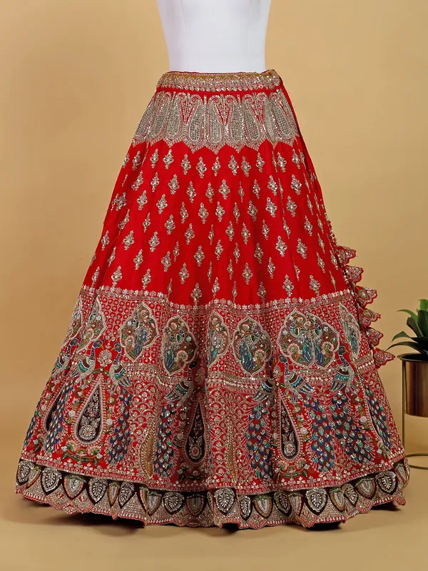 Raw silk rich unstitched lehenga choli in red