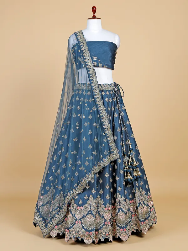 Raw silk teal blue unstitched lehenga choli