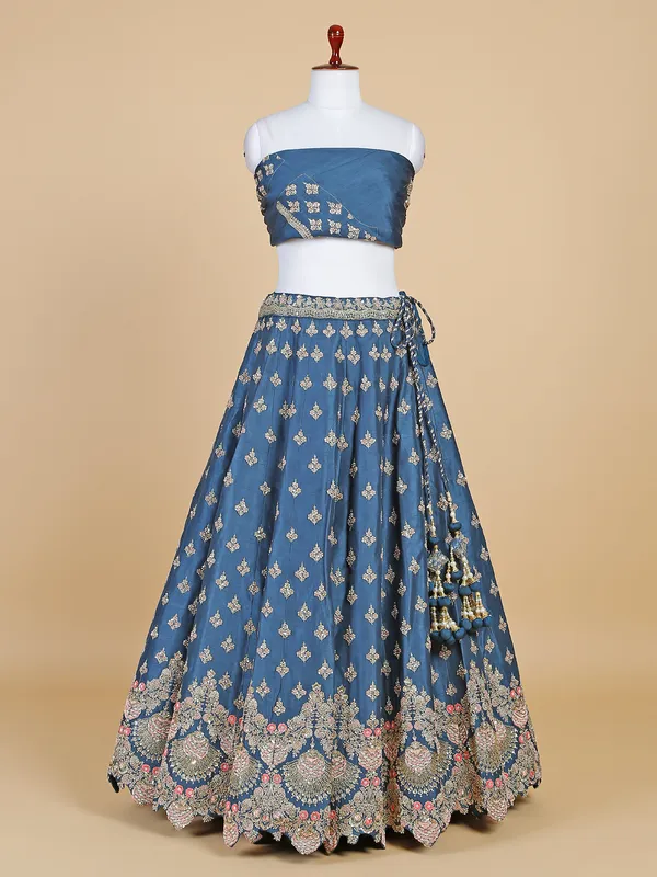 Raw silk teal blue unstitched lehenga choli
