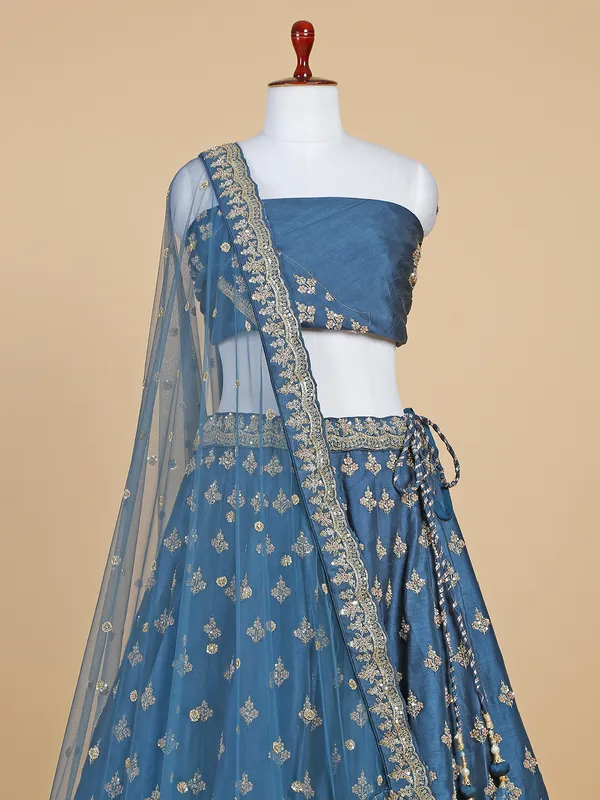 Raw silk teal blue unstitched lehenga choli