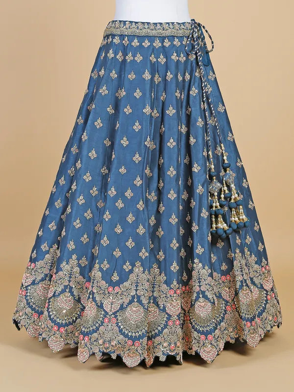 Raw silk teal blue unstitched lehenga choli